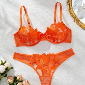 Orange and Blue Floral Lace Lingerie Set Bra Thong Size Medium
